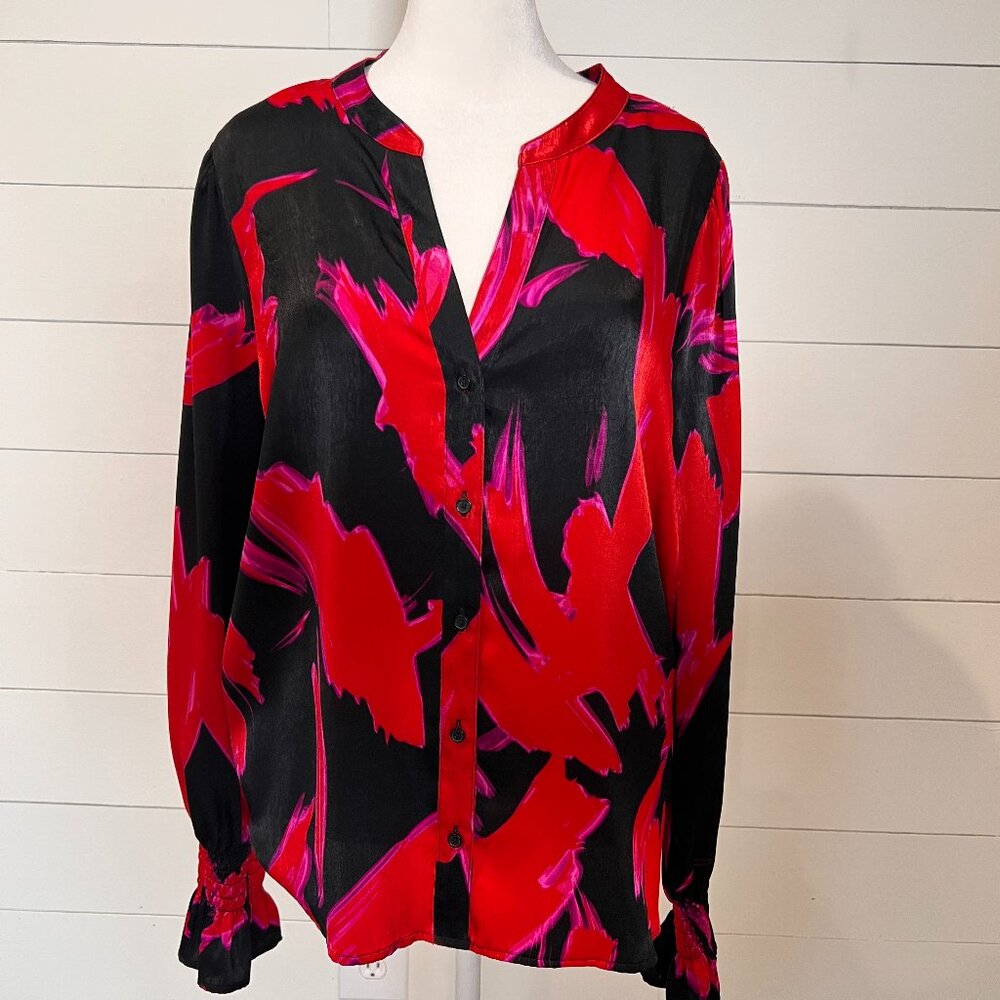 DKNY Black Red and Pink Long Sleeve Blouse Size L